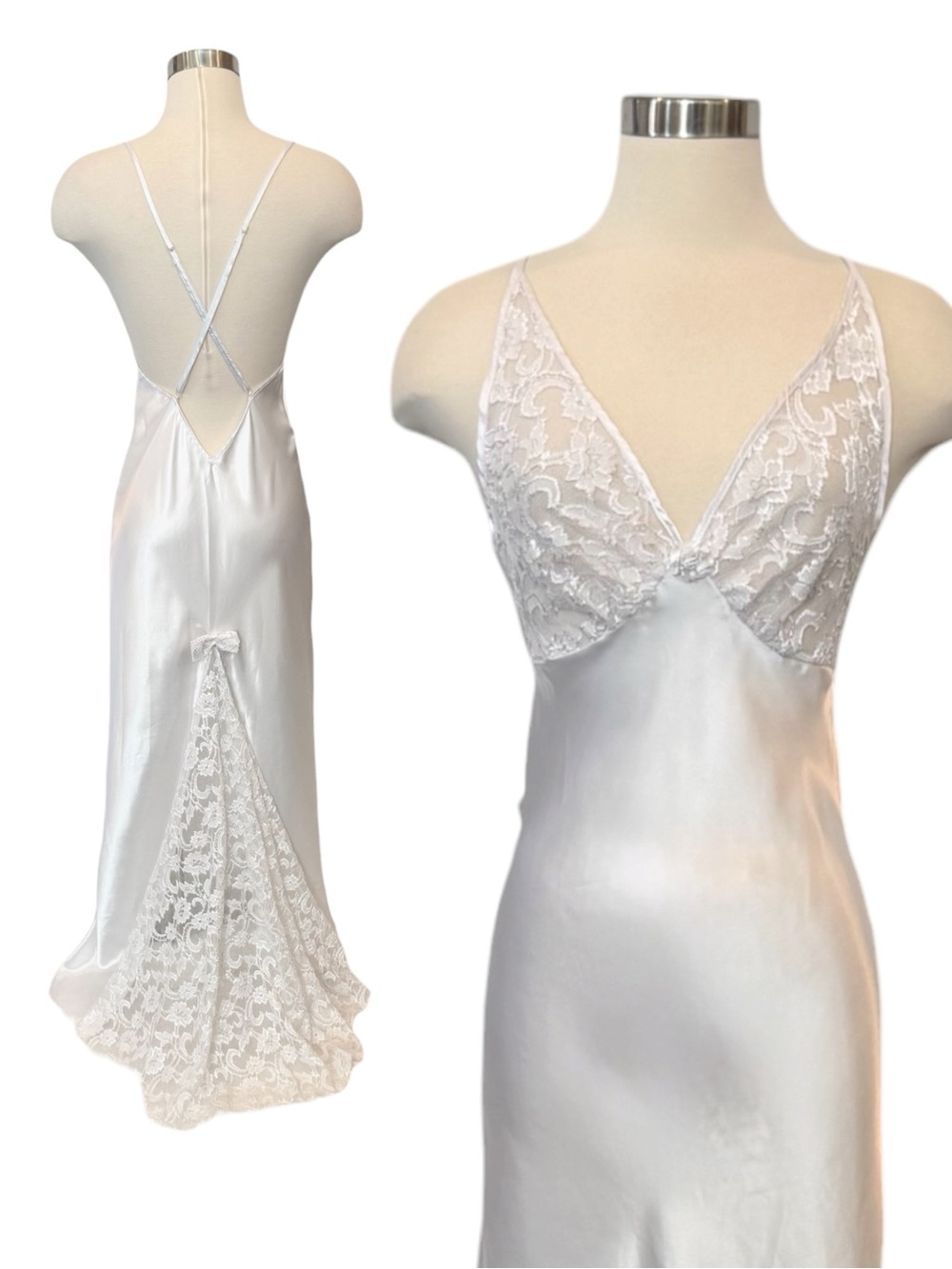 Vintage Silky Satin White Lace Bridal Wedding Night Maxi Gown Slip Dress w Train